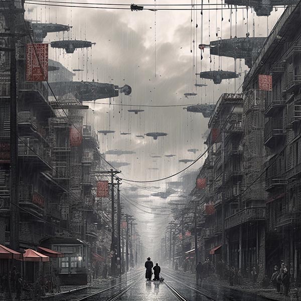 Midjourney generated AI image of a dystopian cityscape