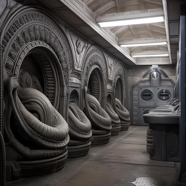Midjourney generated AI image of a laundromat designed by H R Giger