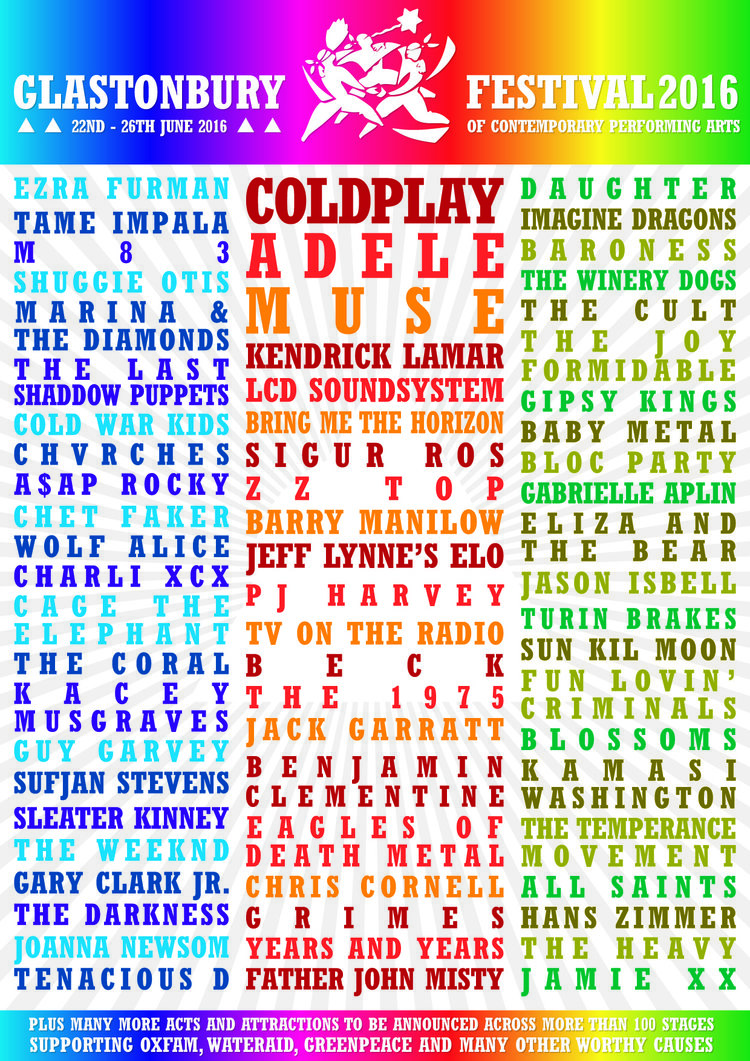 Glastonbury festival of the performing arts line up poster 2016 fake